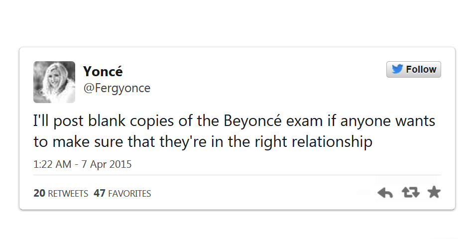 Ella le hizo hacer un examen sobre Beyoncé para seguir juntos