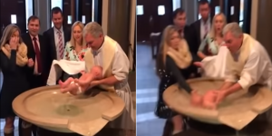 El desesperante momento en el que a un sacerdote se le cae un bebé a la fuente bautismal