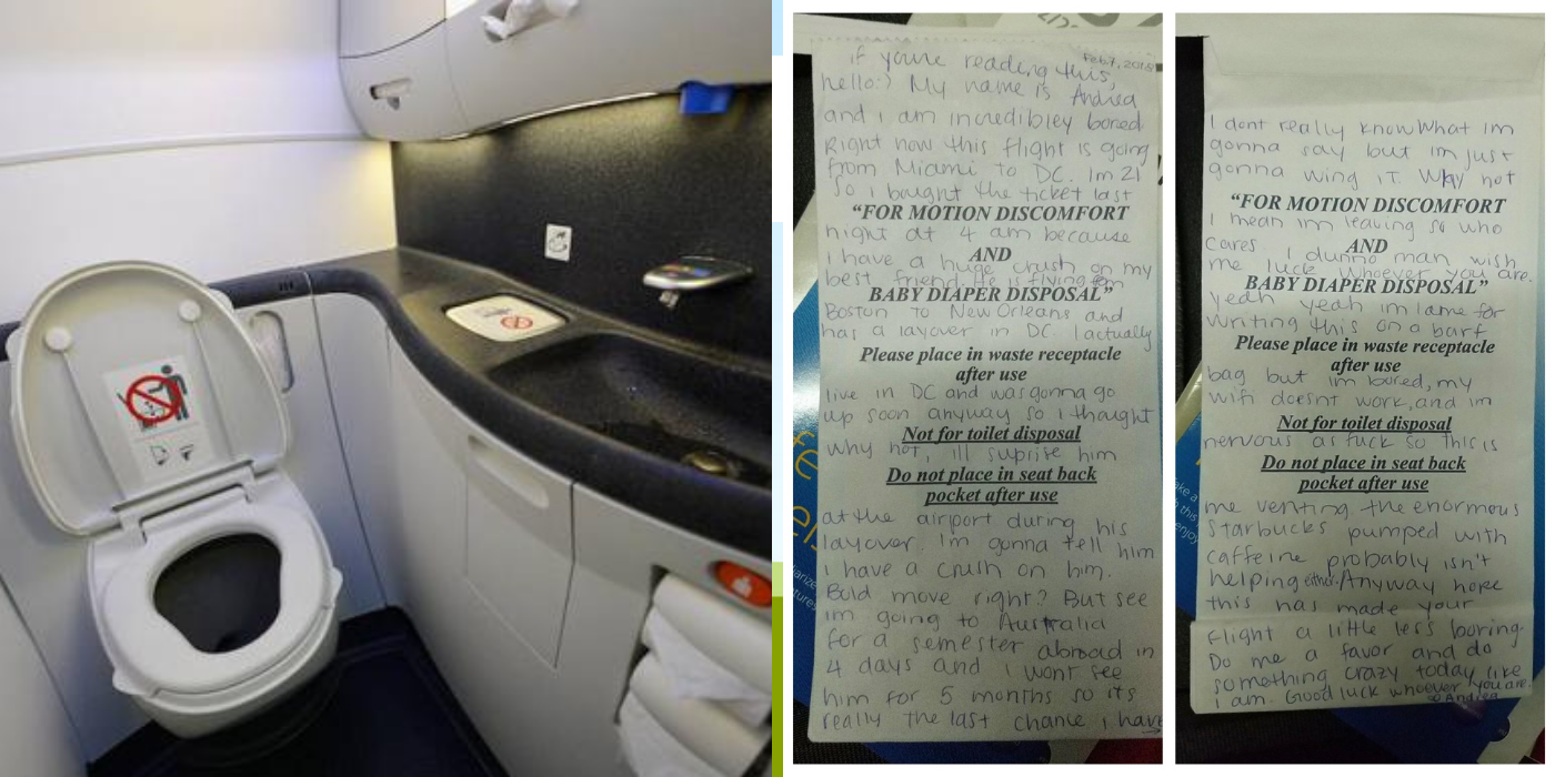 Tiró a la basura del baño de un avión una carta en la que confiesa estar enamorada de su mejor amigo ¡y ahora la buscan en las redes!